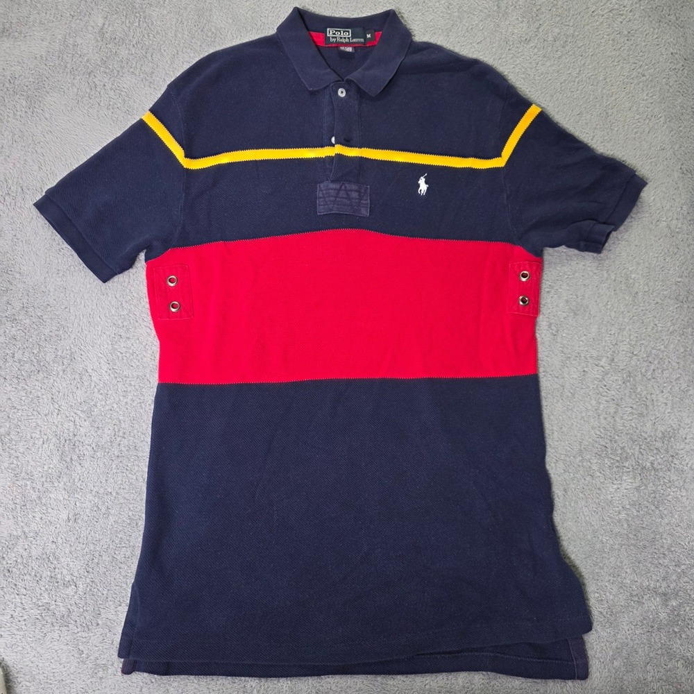 Polo Ralph Lauren Mens Medium Polo Shirt Navy Red Yellow Colorblock Grommet